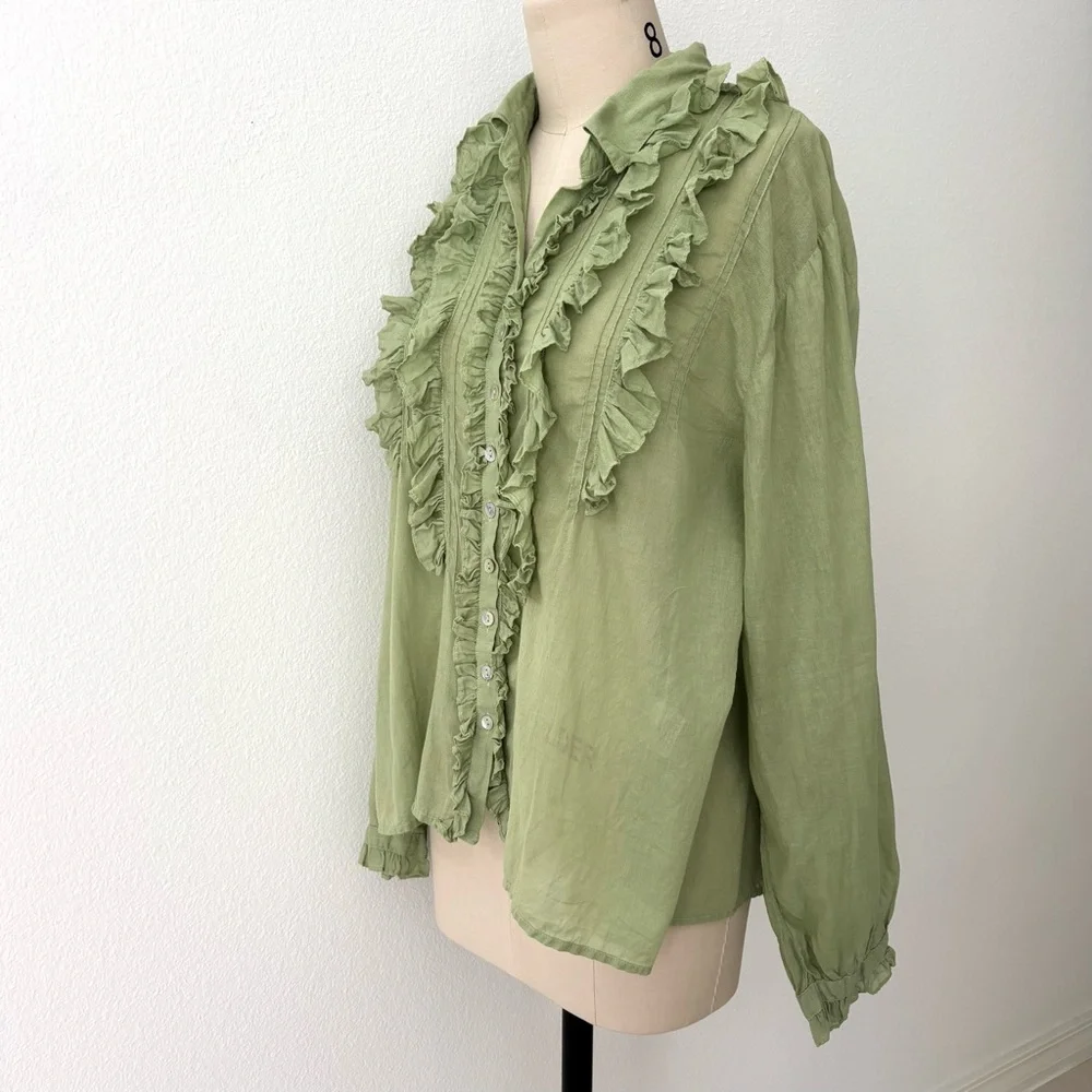 JP and Mattie Cascade Ruffle Shirt NWOT Kiwi Green Cotton Ruffles Cottagecore L